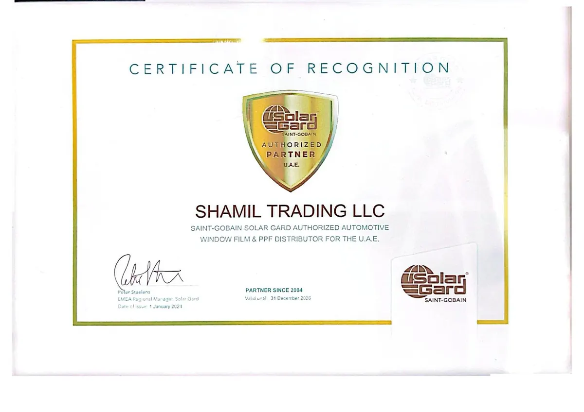 Solar Gard Authorized Automotive Window Film & PPF Distributor certificate — Shamil Trading LLC
