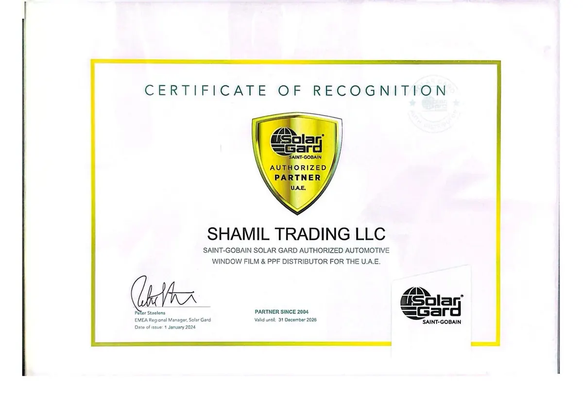 Solar Gard Authorized Automotive Window Film & PPF Distributor certificate — office copy — Shamil Trading LLC